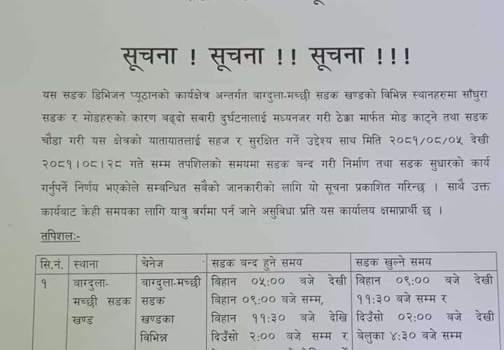 अन्तरजिल्ला जोड्ने बाग्दुला- मच्छी सडक आजदेखी दैनिक ११ घण्टा बन्द